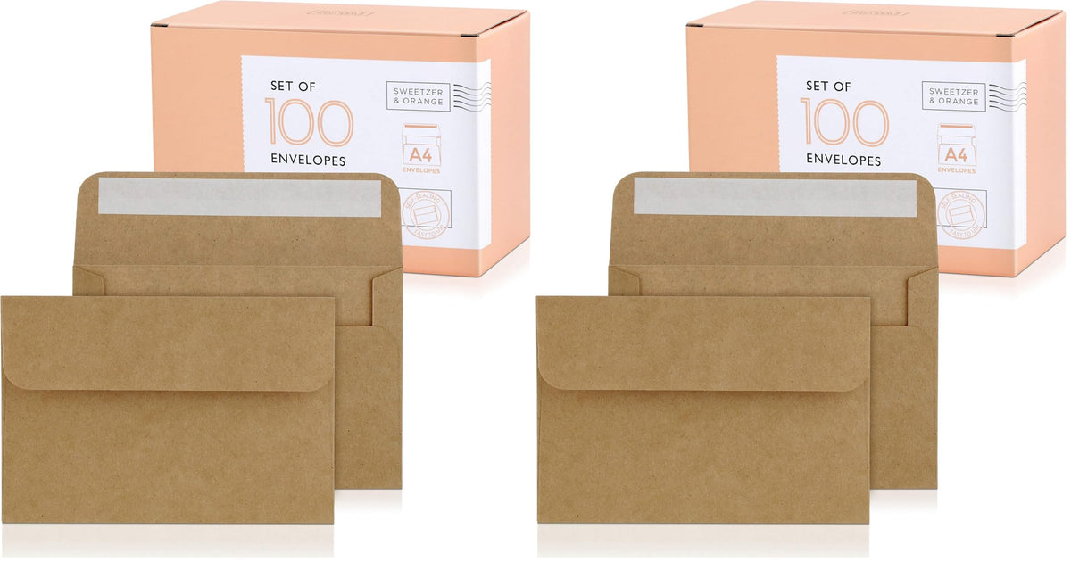 Sweetzer & Orange A4 Brown Self Seal Envelopes, 100 Pack, 4x6 Inches (4.25 x 6.25 in.), Kraft 150gsm, Blank Envelopes for Invitations, Wedding, and Mailing