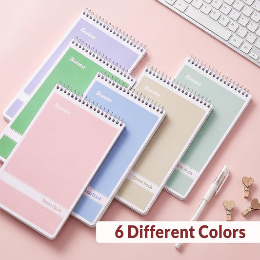 SUNEE Steno Pads 6x9 6 Pack, Gregg Rule, 60 Sheets, 6 Assorted Color Spiral Notebook 6x9, White Paper, Take Notes with Top Spiral Notebook, for School, University, College, Work, Office