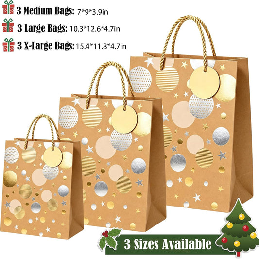 12Pcs Paper Bags with Handles, Christmas Kraft Gift Bags with Four Patterns