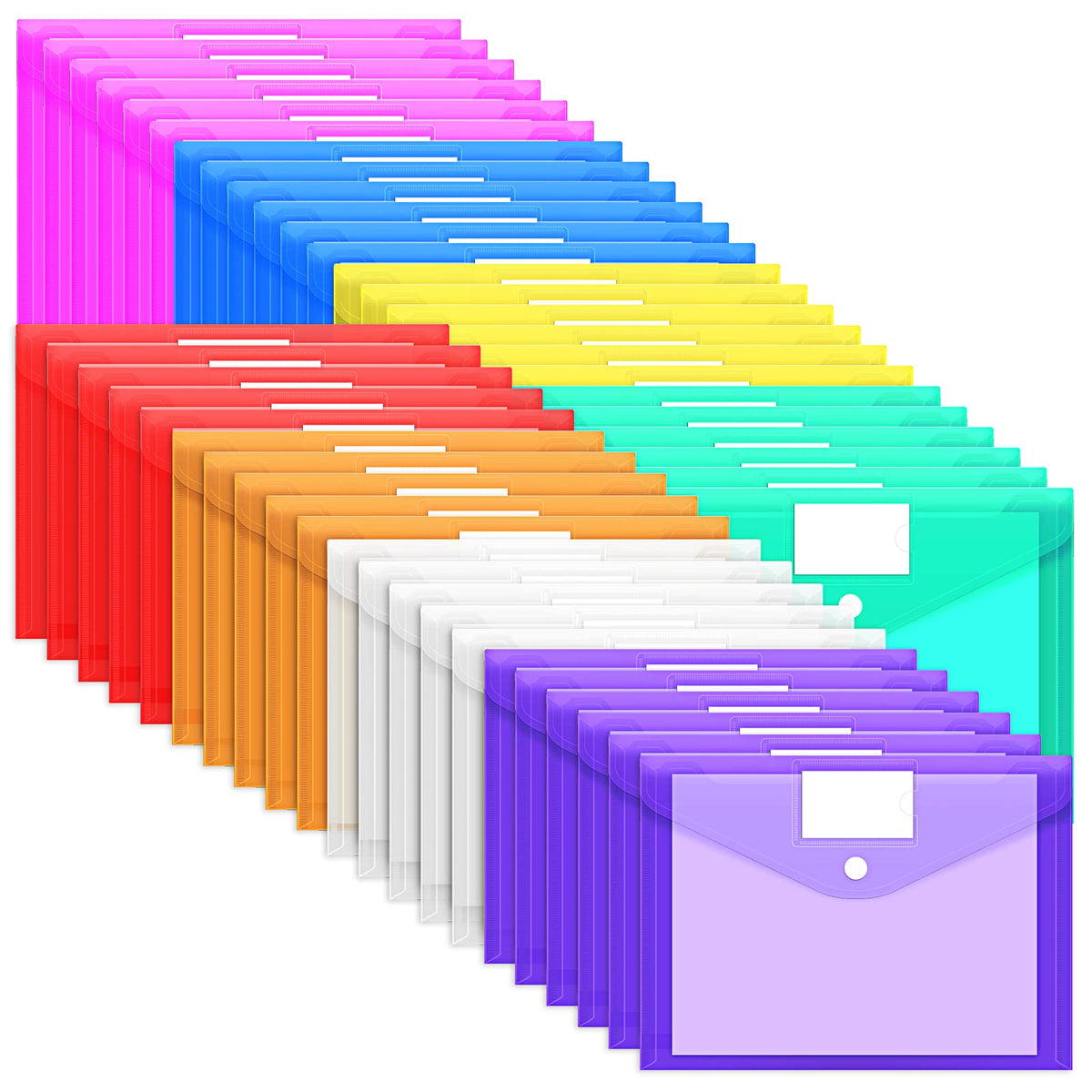 EOOUT 30 Pack 10 Color Plastic Envelopes Poly Envelopes, Hook & Loop Closure File Folders Clear Document Folders File Envelopes with Label Pocket A4 Size