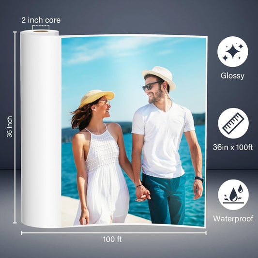 1 x Premium RC Glossy Photo Paper Roll 36 inch x 100 ft. 250 gsm. Inkjet print (New Upgrade, plastic film layer in the back, more durable more waterproof, no easy to get wrinkle) fast dry