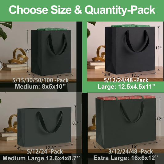 MOXARYSU Large Black Gift Bags: 12.5x4.5x11 Inch 48pcs Kraft Paper Bags Bulk For Party Shopping Birthday Wedding (L,48)
