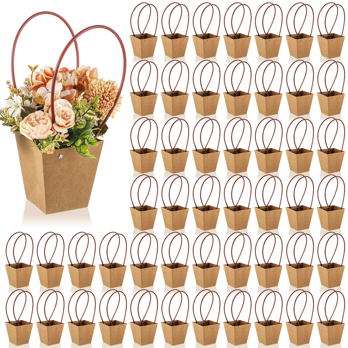 Gilprop 30 Packs Bouquet Bag Kraft Paper Flower Gift Bags with Handle Bouquet Bag Box with Waterproof Lining for Birthday Wedding Party Favors (13.4 x 4.9 x 4.7 x 3.2 Inch,Pink)