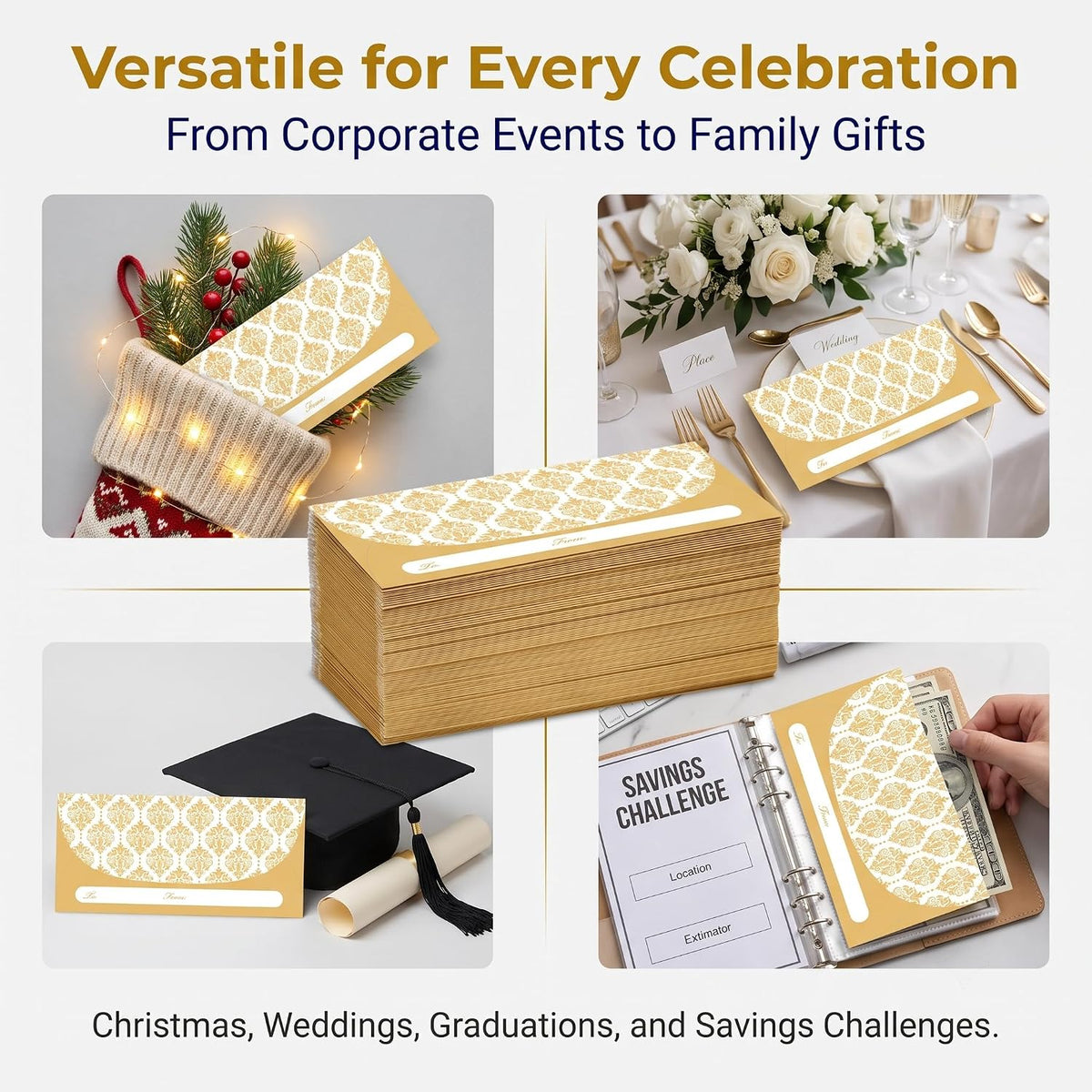 XXINMOH 100 Pack Gold Money Envelopes for Cash Gifts (7x3 Inch), Fancy Decorative Design Money Holder for Christmas, Birthday, Graduations, Weddings, Small Money Saving Envelopes, Bulk Value Pack