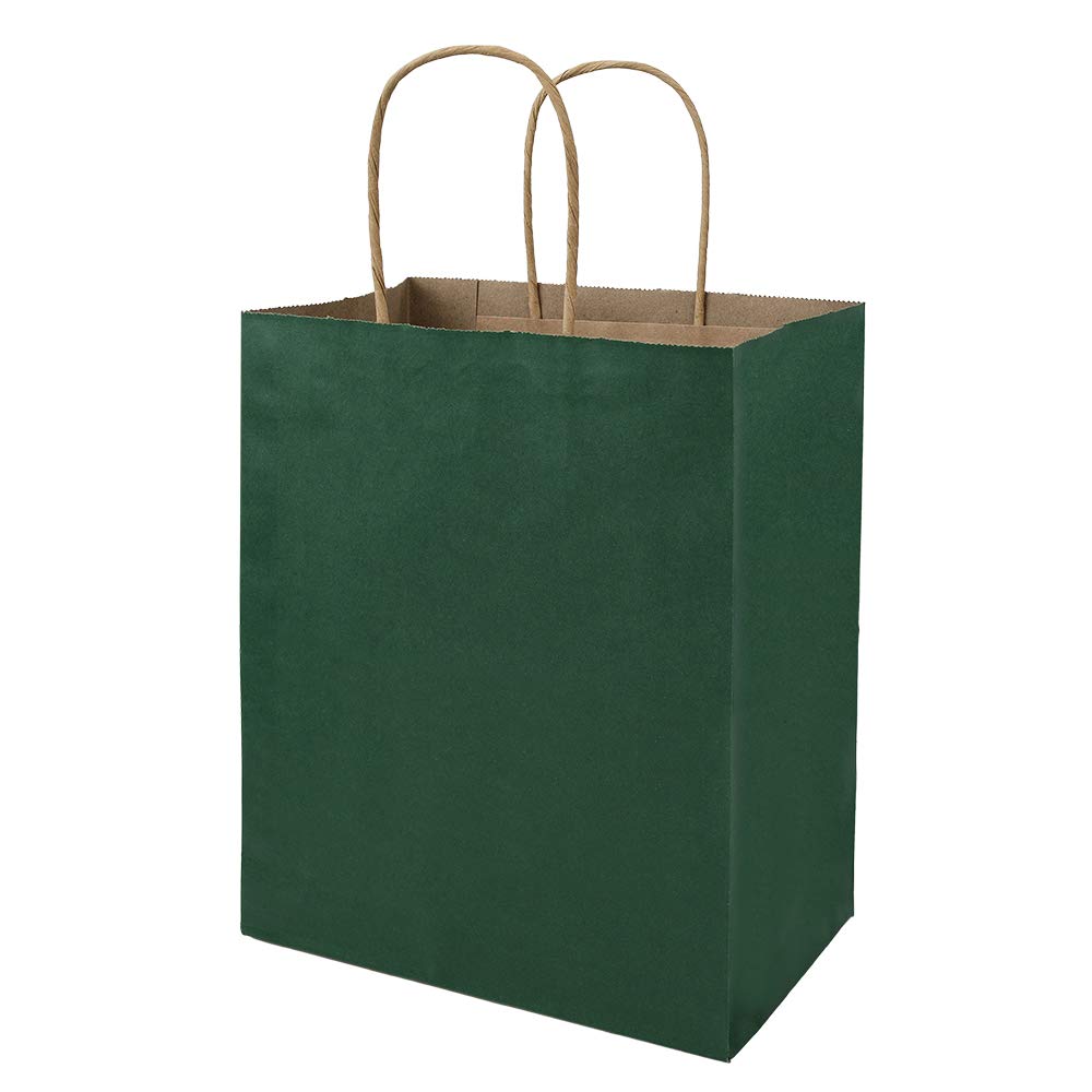 bagmad 50 Pack 8x4.75x10 Inch Medium Green Gift Paper Bags with Handles Bulk, Kraft Bags, Craft Grocery Shopping Retail Party Favors Wedding Business Sacks (Dark Green, 50pcs)