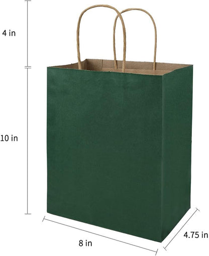bagmad 50 Pack 8x4.75x10 Inch Medium Green Gift Paper Bags with Handles Bulk, Kraft Bags, Craft Grocery Shopping Retail Party Favors Wedding Business Sacks (Dark Green, 50pcs)