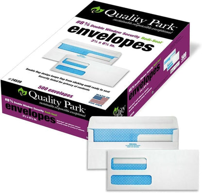 Quality Park #8 5/8 Security Envelopes, Double Window, Self Seal Envelopes for Invoices/Statements, 3-5/8" x 8-5/8", 24 lb White, 500/Box (QUA24539)