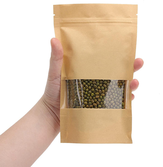 100pcs Kraft Paper Treat Bags with Window, Ziplock Stand Up Pouches for Packing Food Storage Cookies Snacks