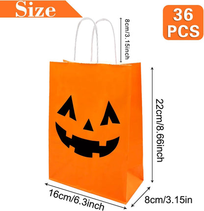 36 Pieces Halloween Pumpkin Gift Bags Trick or Treat Kraft Paper Candy Goodie Bags with Handle for Halloween Party Favors Supplies