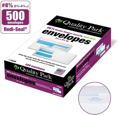Quality Park #8 5/8 Security Envelopes, Double Window, Self Seal Envelopes for Invoices/Statements, 3-5/8" x 8-5/8", 24 lb White, 500/Box (QUA24539)