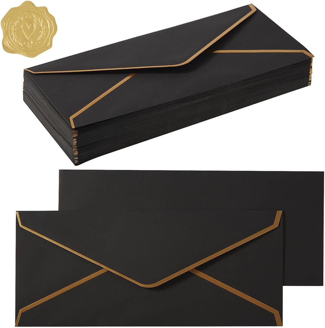 100 Pack #10 Business Envelopes with Gold Stickers, Black