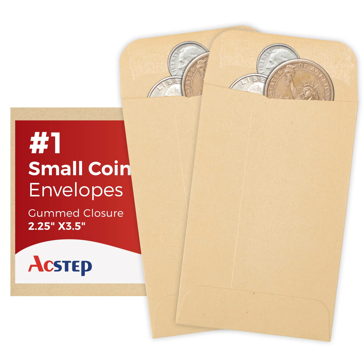 ACSTEP #1 Small Coin Envelopes 500pcs 2-1/4 x 3-1/2 Kraft Mini Key Envelope