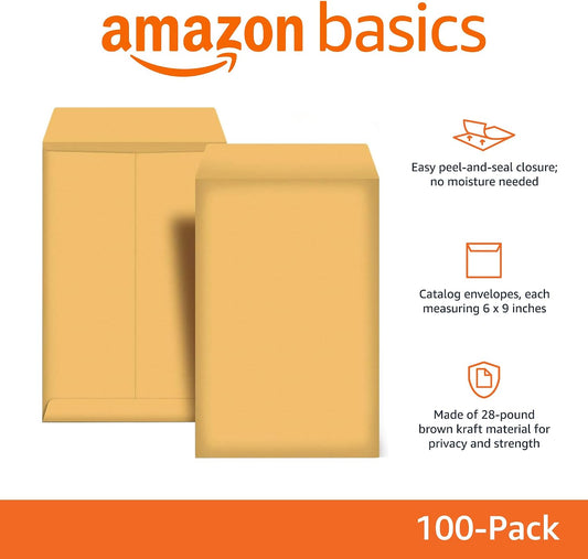 Amazon Basics Self Seal Catalog Envelopes for Business Mailing, Peel and Seal, 6" x 9", Brown Kraft, 100-Pack