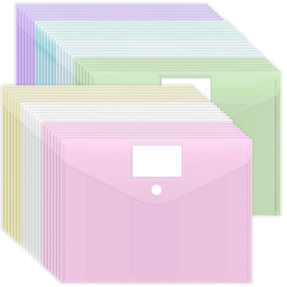 EOOUT 30 Pack 10 Color Plastic Envelopes Poly Envelopes, Hook & Loop Closure File Folders Clear Document Folders File Envelopes with Label Pocket A4 Size