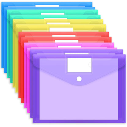 EOOUT 30 Pack 10 Color Plastic Envelopes Poly Envelopes, Hook & Loop Closure File Folders Clear Document Folders File Envelopes with Label Pocket A4 Size