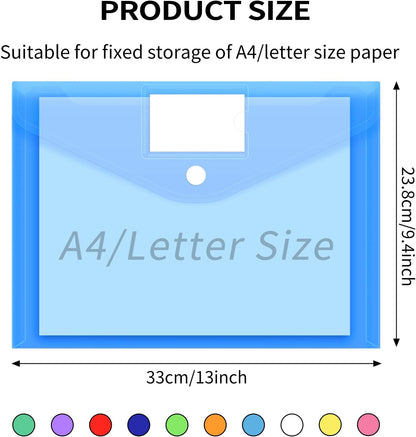 EOOUT 30 Pack 10 Color Plastic Envelopes Poly Envelopes, Hook & Loop Closure File Folders Clear Document Folders File Envelopes with Label Pocket A4 Size