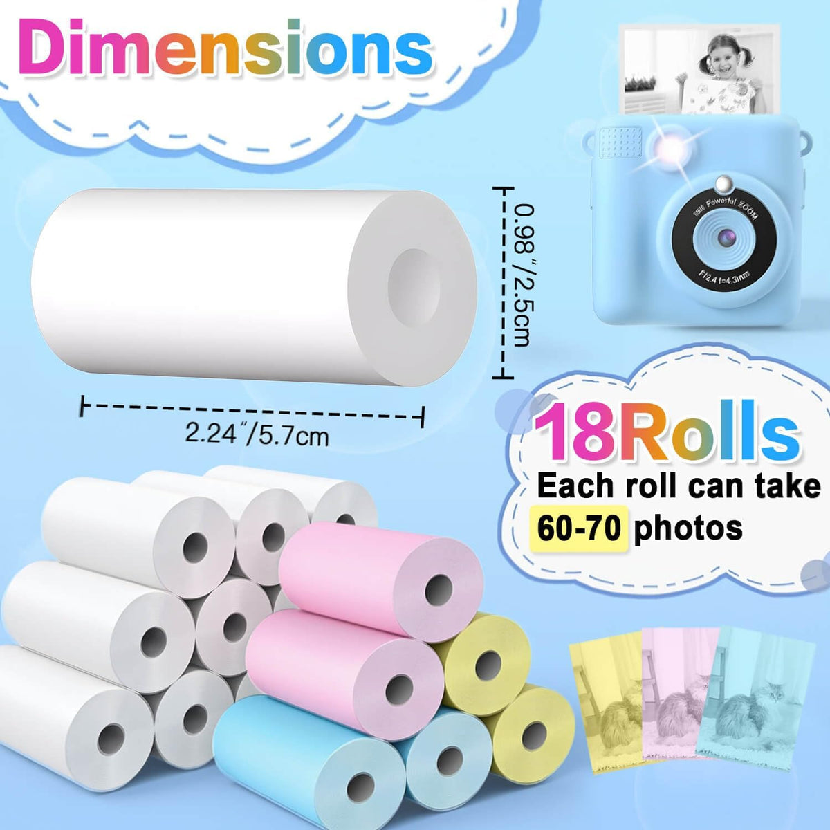 18 Rolls Kids Camera Paper Roll Refill Compatible with Most Instant Print Cameras for Kids BPA Free （2.24"x0.98" ）
