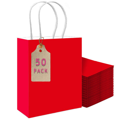 qiqee 50-Packs Gift Bag with Handles Bulk Kraft Light Blue Paper Bags Multiple Uses (8.3"x3"x6"inch Small Size)