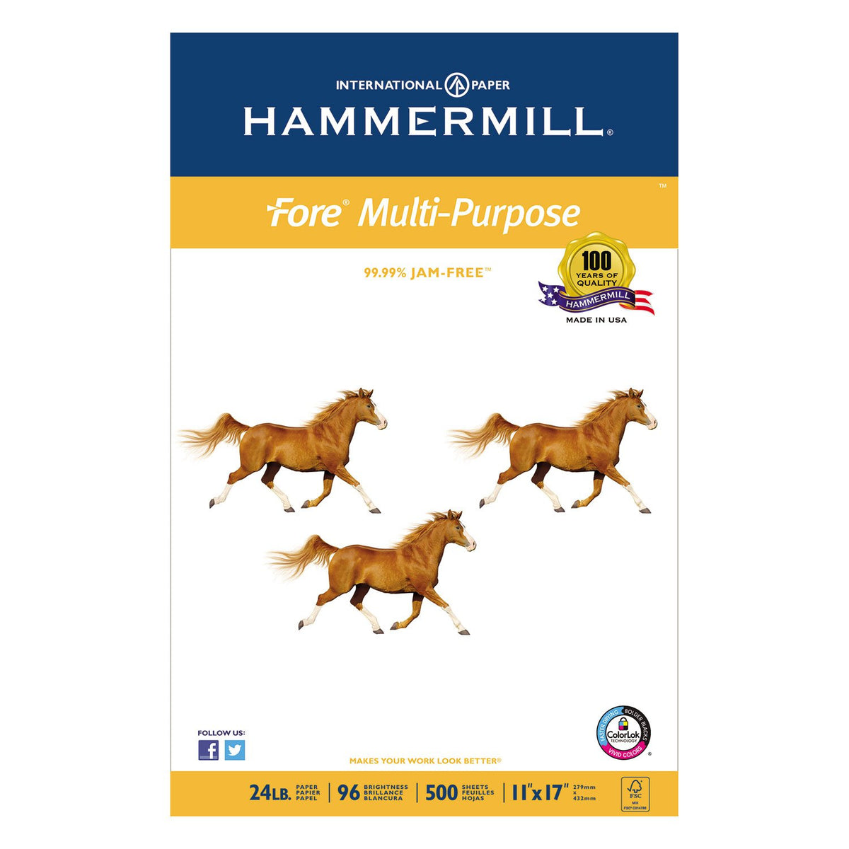 Hammermill Paper, Fore Multipurpose Paper, 8.5 x 11 Paper, Letter Size, 3 Hole, 24lb Paper, 96 Bright, 1 Ream / 500 Sheets (101287R) Acid Free Paper