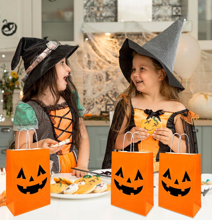 36 Pieces Halloween Pumpkin Gift Bags Trick or Treat Kraft Paper Candy Goodie Bags with Handle for Halloween Party Favors Supplies