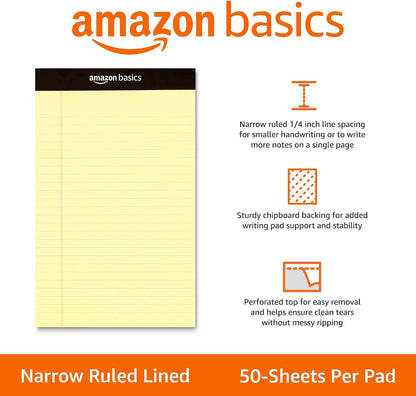 Amazon Basics 50-Sheet Narrow Ruled Lined Writing Note Pad, 5" x 8", 12-Pack, Canary, Perforated