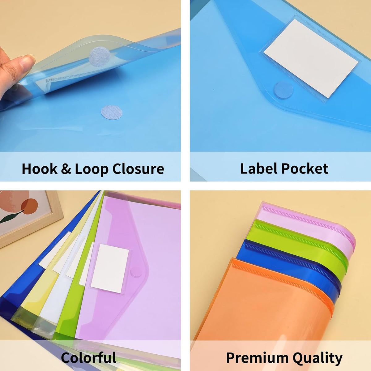 EOOUT 30 Pack 10 Color Plastic Envelopes Poly Envelopes, Hook & Loop Closure File Folders Clear Document Folders File Envelopes with Label Pocket A4 Size