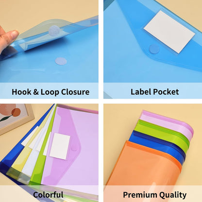 EOOUT 30 Pack 10 Color Plastic Envelopes Poly Envelopes, Hook & Loop Closure File Folders Clear Document Folders File Envelopes with Label Pocket A4 Size