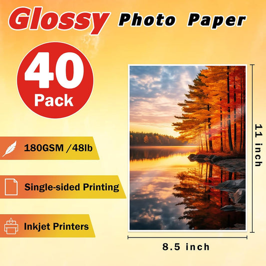 CAREGY 40 Sheets Single Sided Glossy Photo Paper for Inkjet, 8.5x11 Inches,