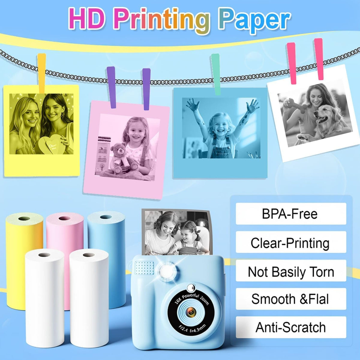 18 Rolls Kids Camera Paper Roll Refill Compatible with Most Instant Print Cameras for Kids BPA Free （2.24"x0.98" ）