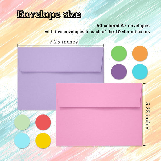 Slapaflife 50 Pack 5x7 Envelopes, 5x7 Colored Self-Seal Envelopes for Invitations, postcard, Wedding,Greeting Cards,Photos
