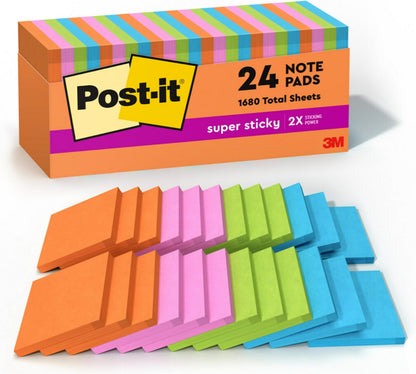 Post-it Super Sticky Notes, 3 x 3 in, Neon Fizz, 24 Pads, 70 Sheets/Pad