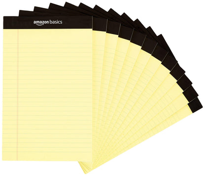 Amazon Basics 50-Sheet Narrow Ruled Lined Writing Note Pad, 5" x 8", 12-Pack, Canary, Perforated