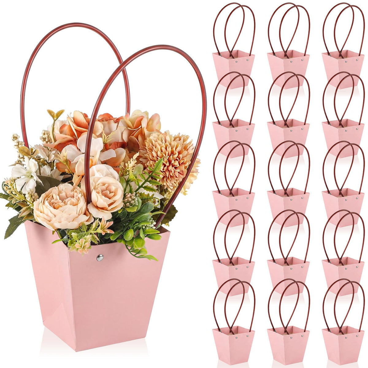 Gilprop 30 Packs Bouquet Bag Kraft Paper Flower Gift Bags with Handle Bouquet Bag Box with Waterproof Lining for Birthday Wedding Party Favors (13.4 x 4.9 x 4.7 x 3.2 Inch,Pink)
