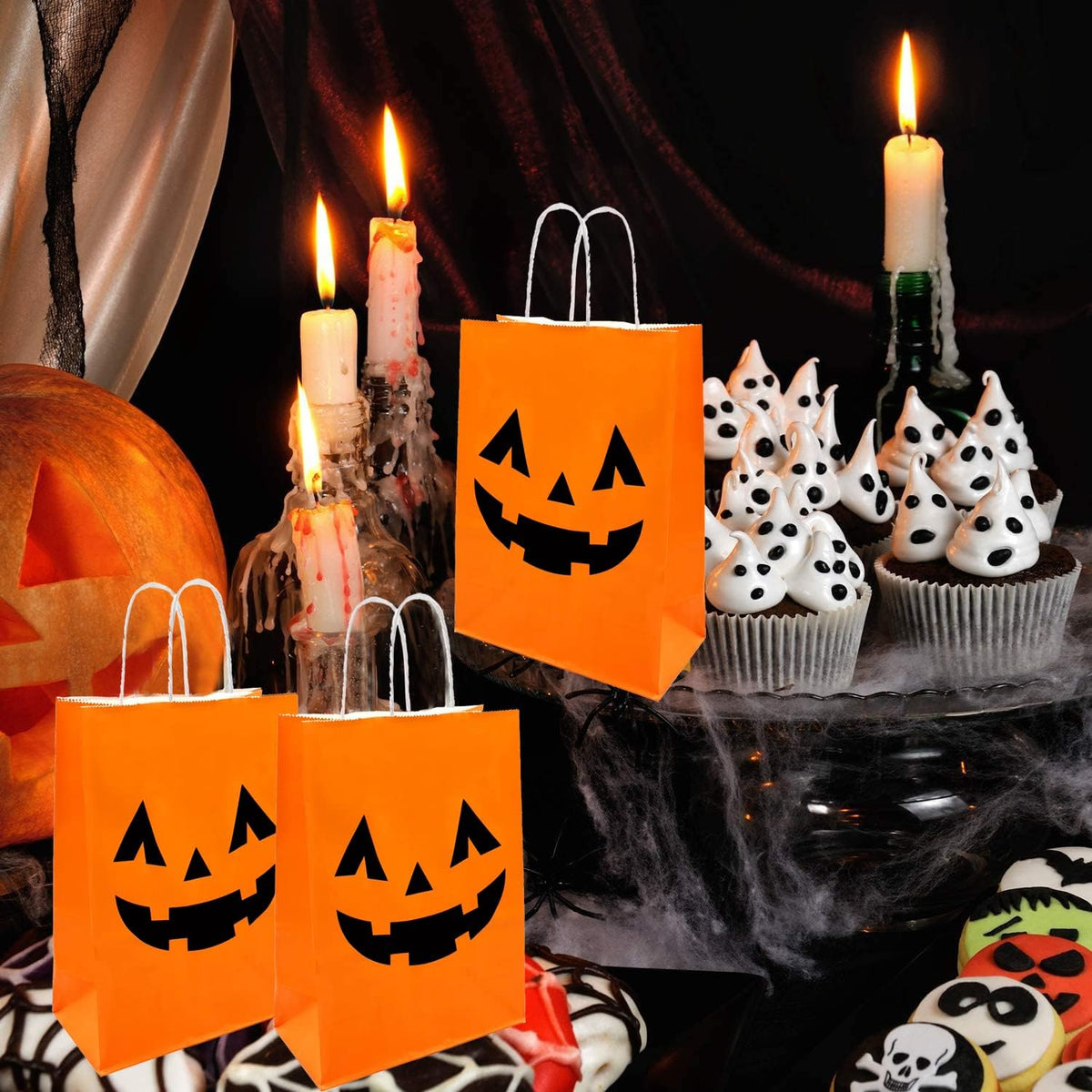 36 Pieces Halloween Pumpkin Gift Bags Trick or Treat Kraft Paper Candy Goodie Bags with Handle for Halloween Party Favors Supplies