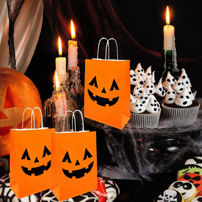36 Pieces Halloween Pumpkin Gift Bags Trick or Treat Kraft Paper Candy Goodie Bags with Handle for Halloween Party Favors Supplies