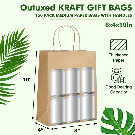OUTUXED 150pcs Brown Paper Bags, 8x4x10 Kraft Paper Gift Bags with Handles