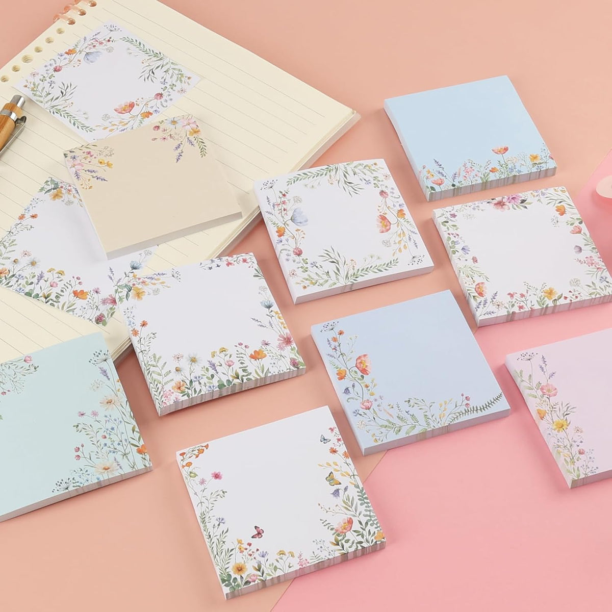 9 Pcs Wildflower Notepads 3" x 3" Self-Adhesive Wildflower Note Pads Memo for Journal Home Office School Teacher Gifts - 450 Sheets Reusable Flower Sticky Notes