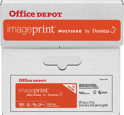 Office Depot ImagePrint FSC Certified Multiuse Paper by Domtar, 8 1/2in x 11in, 20 Lb, White, 500 Sheets Per Ream, Case Of 10 Reams, 1821