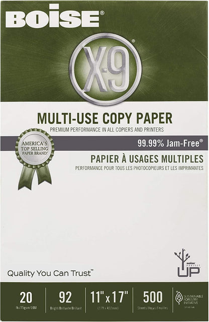 Boise X-9 Multi-Use Printer & Copy Paper, 5 Reams, White, Ledger (11in x 17in), 2500 Sheets Per Case, 20 Lb, 92 Brightness