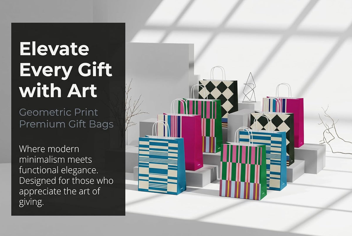 geomluxe Kraft Paper Gift Bags with handles Set of 8 packs – 4 Geometric Colorful Patterns (2 of Each Design), 10.6" Hx8.3 Lx4.3 D – Bulk Party Favor Bags for Birthdays, Weddings, Goodie Bags, Small