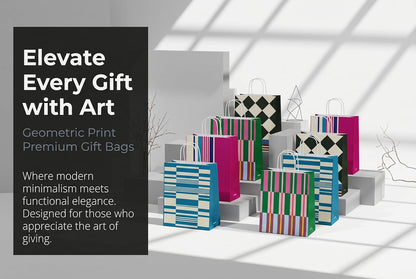 geomluxe Kraft Paper Gift Bags with handles Set of 8 packs – 4 Geometric Colorful Patterns (2 of Each Design), 10.6" Hx8.3 Lx4.3 D – Bulk Party Favor Bags for Birthdays, Weddings, Goodie Bags, Small