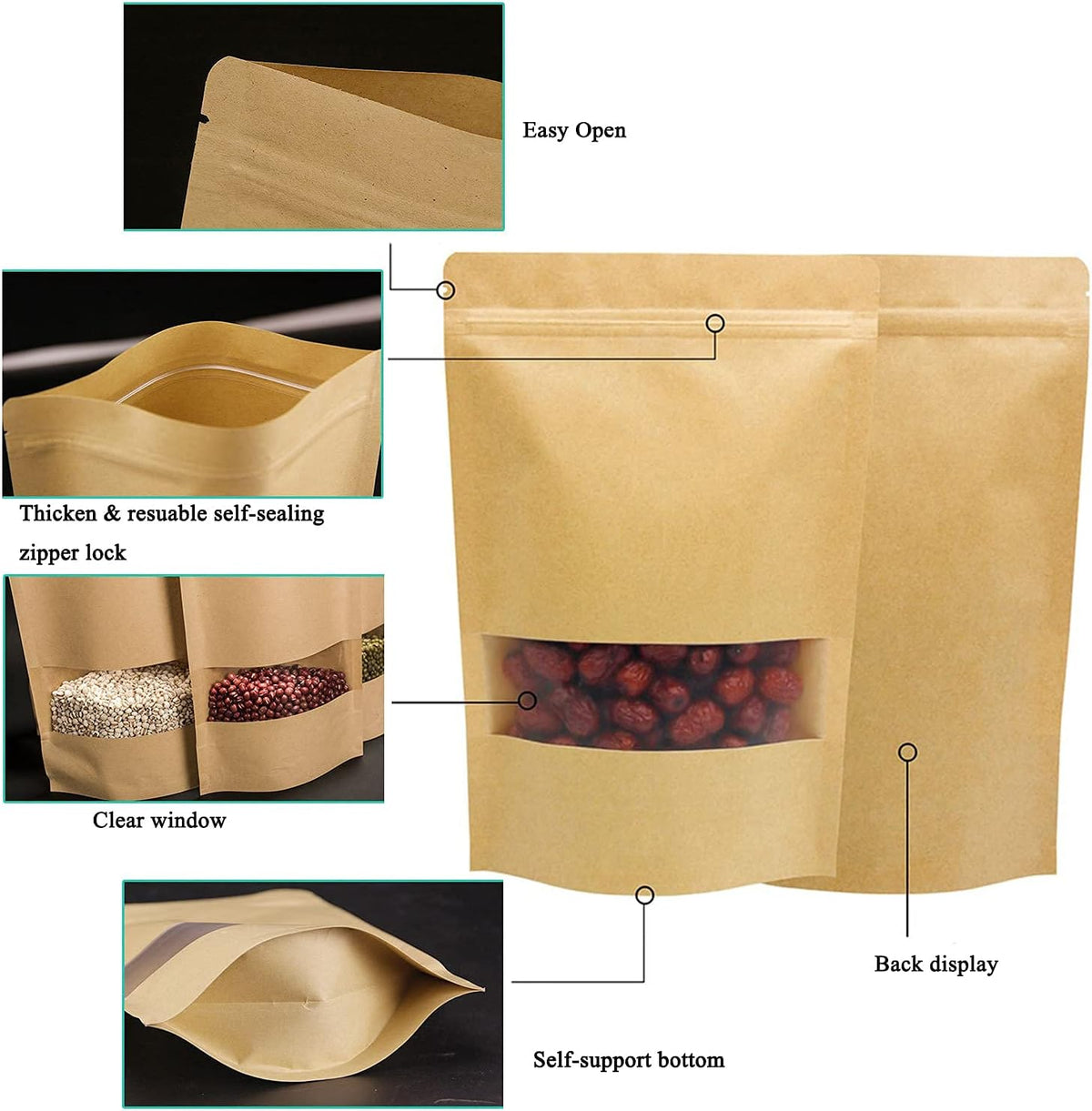 100pcs Kraft Paper Treat Bags with Window, Ziplock Stand Up Pouches for Packing Food Storage Cookies Snacks