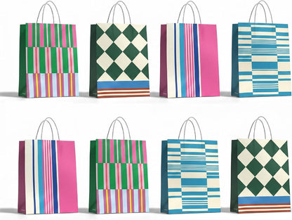geomluxe Kraft Paper Gift Bags with handles Set of 8 packs – 4 Geometric Colorful Patterns (2 of Each Design), 10.6" Hx8.3 Lx4.3 D – Bulk Party Favor Bags for Birthdays, Weddings, Goodie Bags, Small