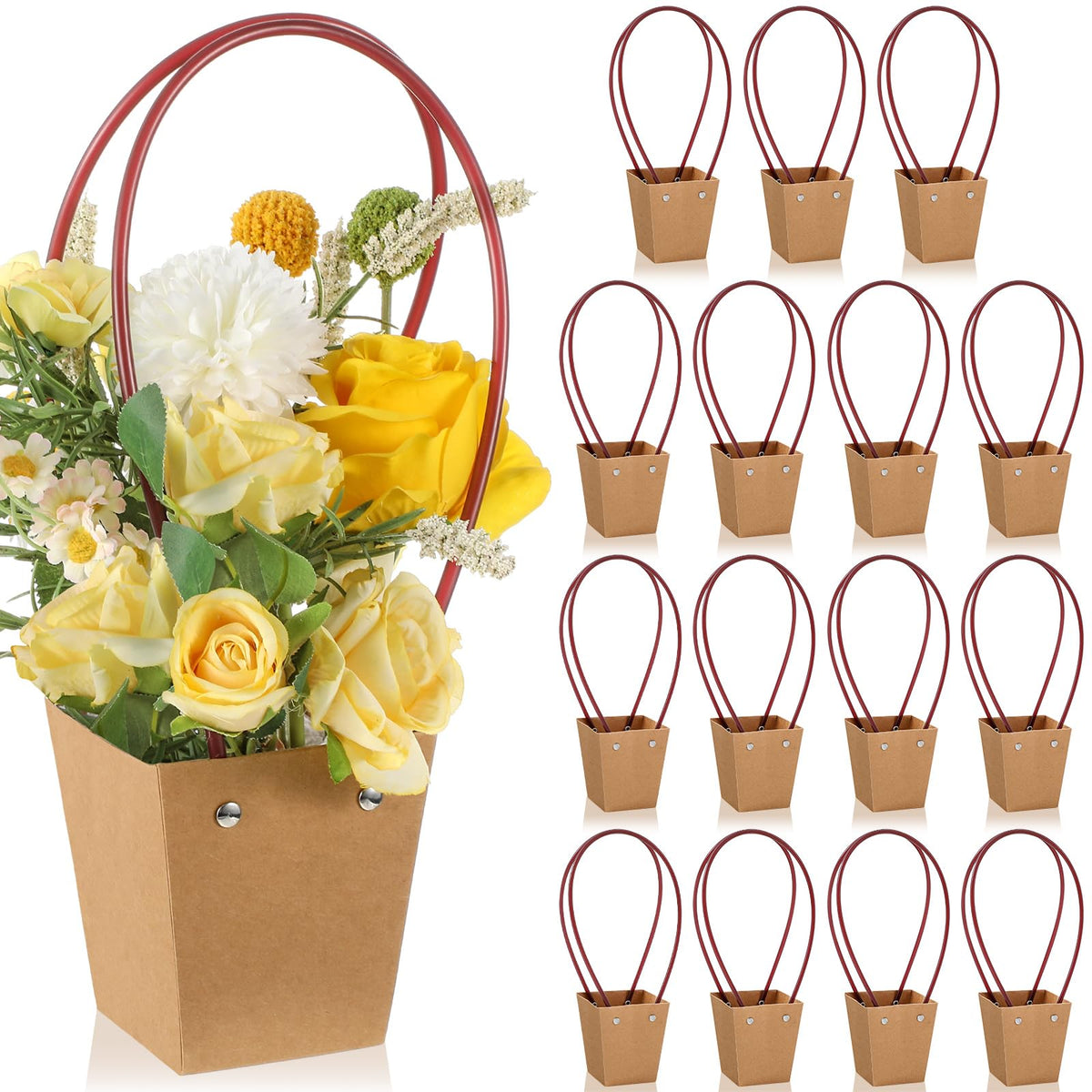 Gilprop 30 Packs Bouquet Bag Kraft Paper Flower Gift Bags with Handle Bouquet Bag Box with Waterproof Lining for Birthday Wedding Party Favors (13.4 x 4.9 x 4.7 x 3.2 Inch,Pink)