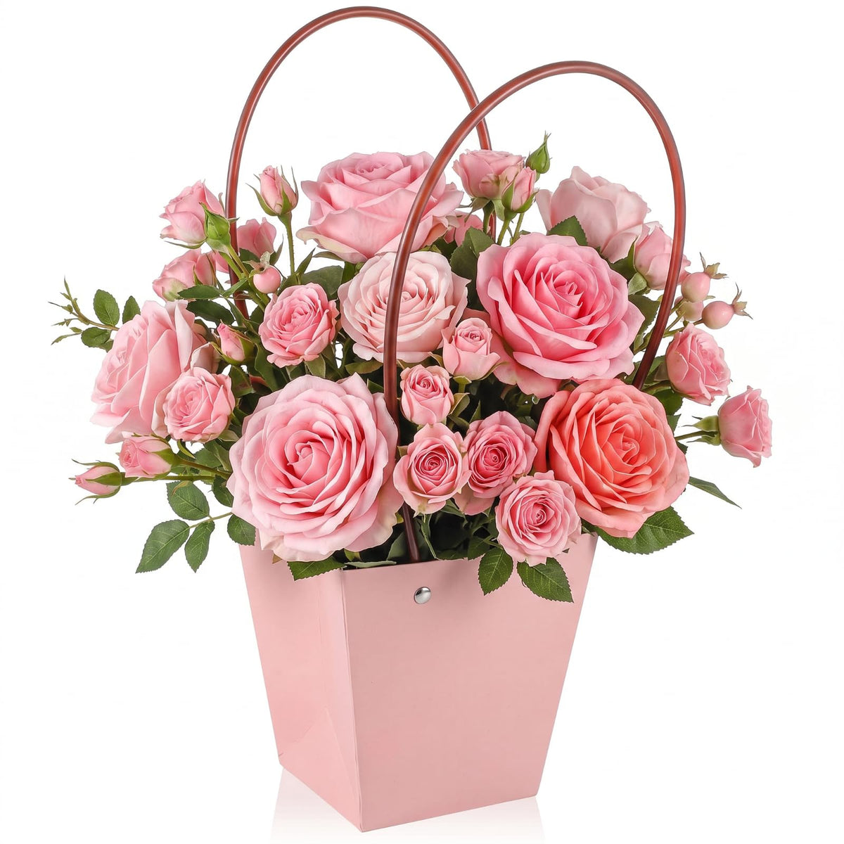 Gilprop 30 Packs Bouquet Bag Kraft Paper Flower Gift Bags with Handle Bouquet Bag Box with Waterproof Lining for Birthday Wedding Party Favors (13.4 x 4.9 x 4.7 x 3.2 Inch,Pink)