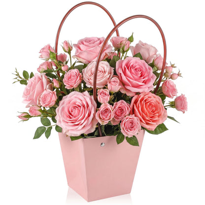 Gilprop 30 Packs Bouquet Bag Kraft Paper Flower Gift Bags with Handle Bouquet Bag Box with Waterproof Lining for Birthday Wedding Party Favors (13.4 x 4.9 x 4.7 x 3.2 Inch,Pink)