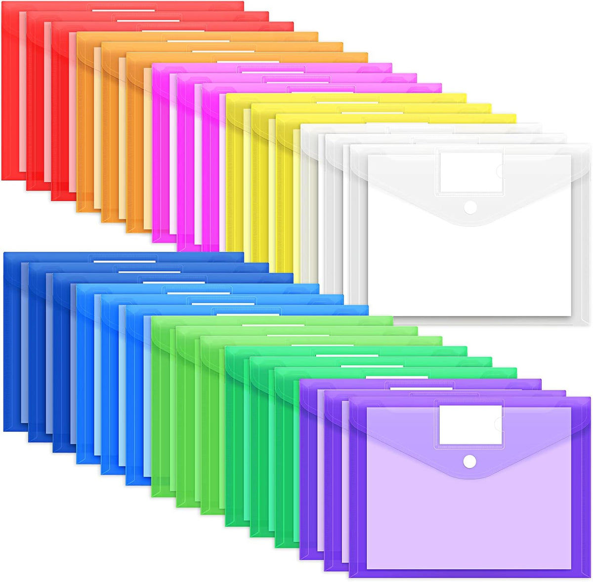 EOOUT 30 Pack 10 Color Plastic Envelopes Poly Envelopes, Hook & Loop Closure File Folders Clear Document Folders File Envelopes with Label Pocket A4 Size