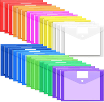 EOOUT 30 Pack 10 Color Plastic Envelopes Poly Envelopes, Hook & Loop Closure File Folders Clear Document Folders File Envelopes with Label Pocket A4 Size