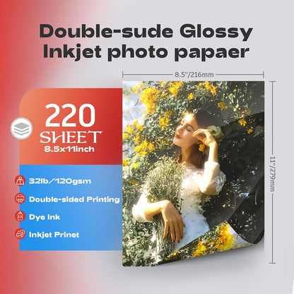 220 Pack Double Sided Photo Paper Glossy Inkjet 8.5x11 32lb 120gsm A4 Letter Size for All Dye Ink Printers for Custom Chip Bag Party Favors, Brochure Paper, Flyers Paper