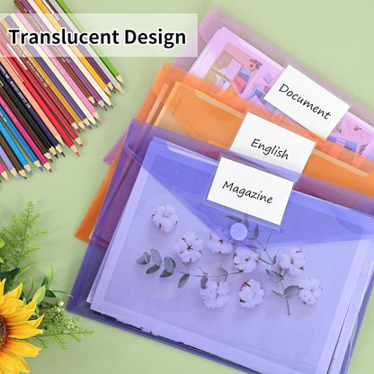 EOOUT 30 Pack 10 Color Plastic Envelopes Poly Envelopes, Hook & Loop Closure File Folders Clear Document Folders File Envelopes with Label Pocket A4 Size